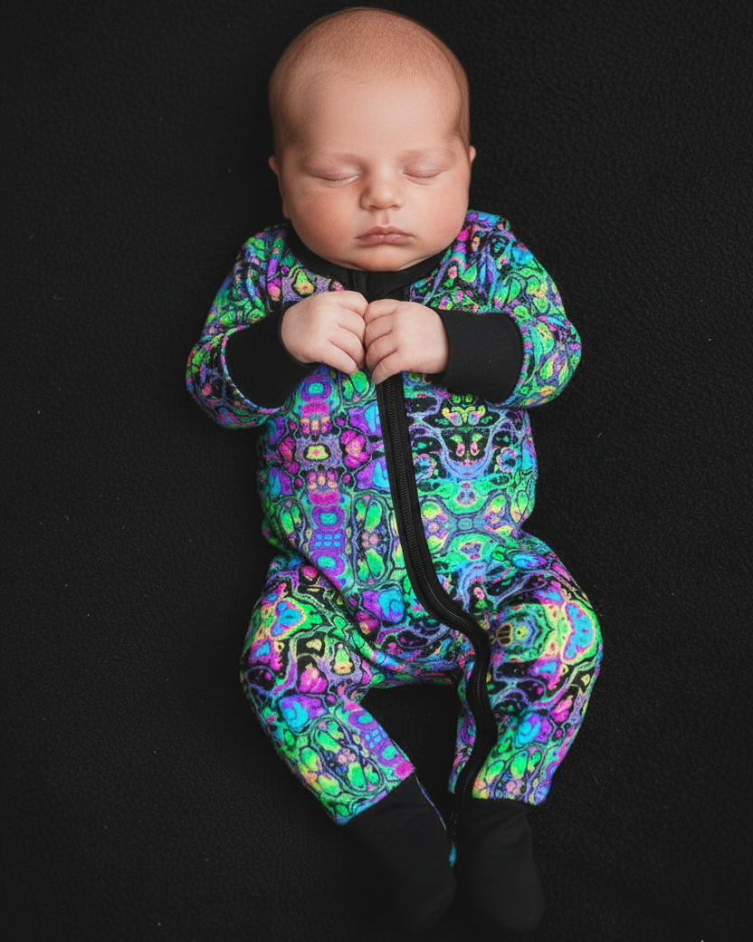 Baby in psychedelic Baby's First Rave Zippered Convertible Romper sleeping