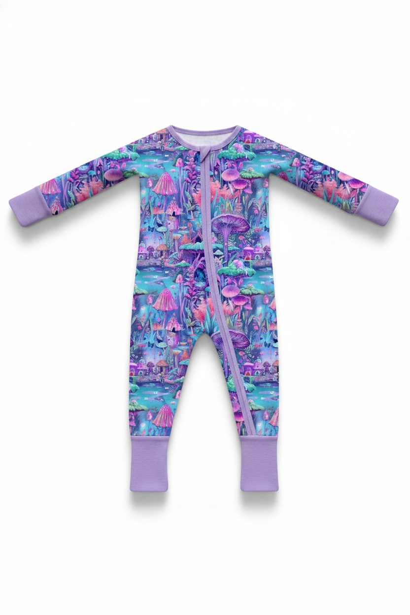 Baby's First Rave Zippered Convertible Romper with colorful psychedelic pattern and long sleeves, shown laid flat.
