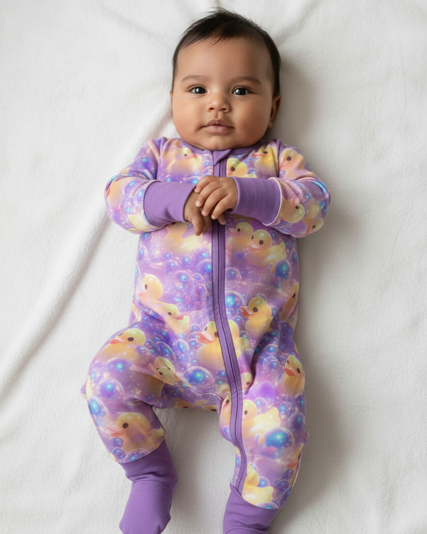 Baby wearing Baby's First Rave Zippered Convertible Romper in vibrant colors, lying down on a white blanket, showcasing cozy long-sleeve design.