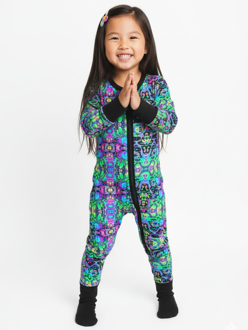 Child wearing Baby's First Rave Zippered Convertible Romper with psychedelic pattern standing on a white background.