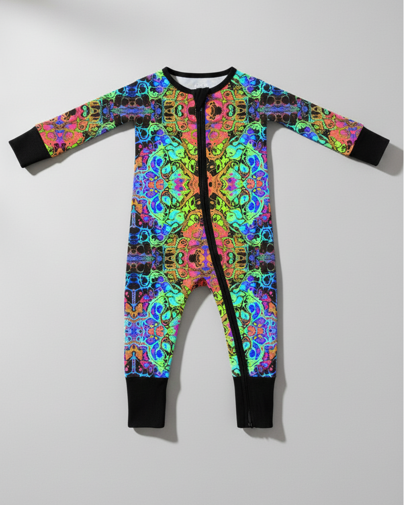 Colorful Baby's First Rave Zippered Convertible Romper with psychedelic print on white background