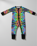 Colorful Baby's First Rave Zippered Convertible Romper with psychedelic print on white background