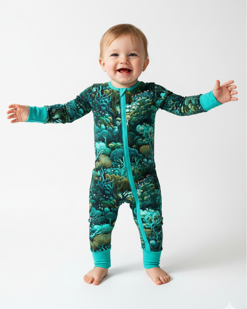 Baby wearing Baby's First Rave Zippered Convertible Romper with colorful, psychedelic pattern and long sleeves.