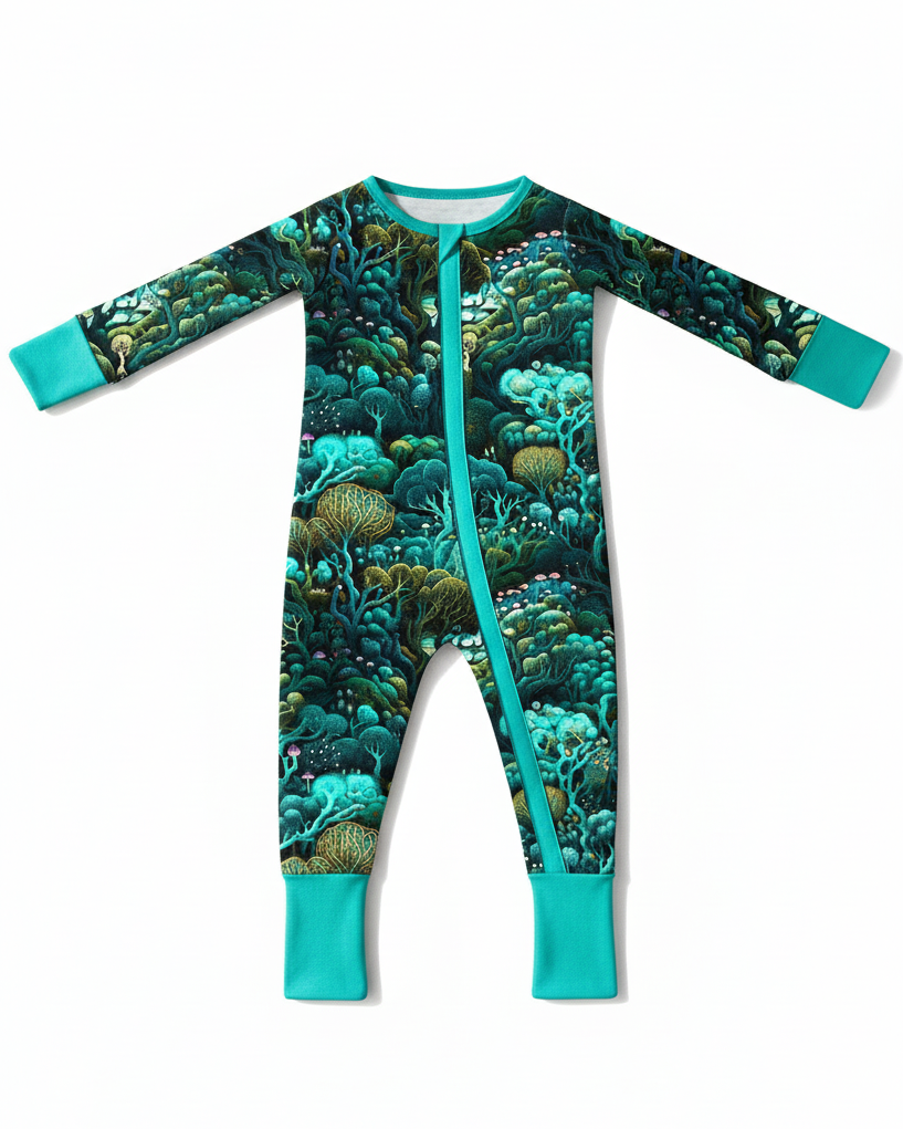 Baby's First Rave Zippered Convertible Romper with psychedelic plant pattern and convertible cuffs for footless or footed wear