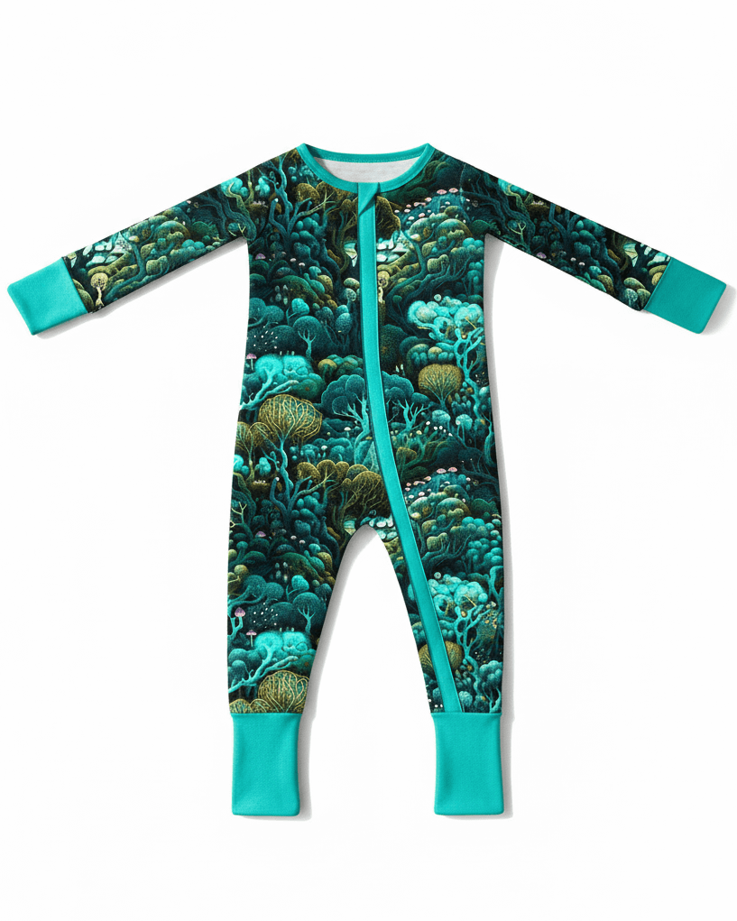 Baby's First Rave Zippered Convertible Romper with psychedelic plant pattern and convertible cuffs for footless or footed wear