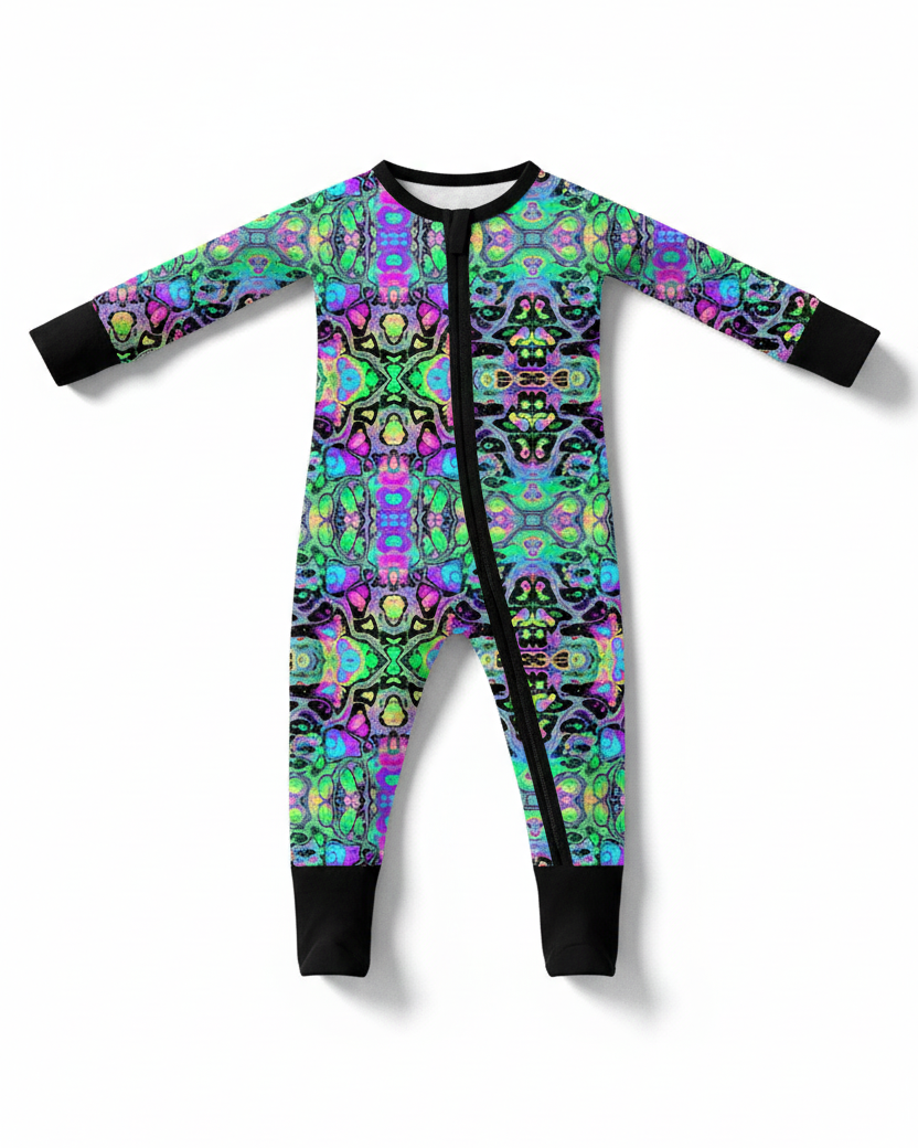 Baby's First Rave Zippered Convertible Romper with colorful psychedelic design
