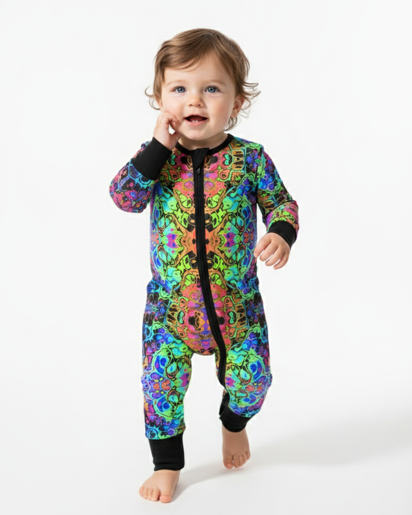 Baby wearing the Baby's First Rave Zippered Convertible Romper in psychedelic colors, standing and smiling.