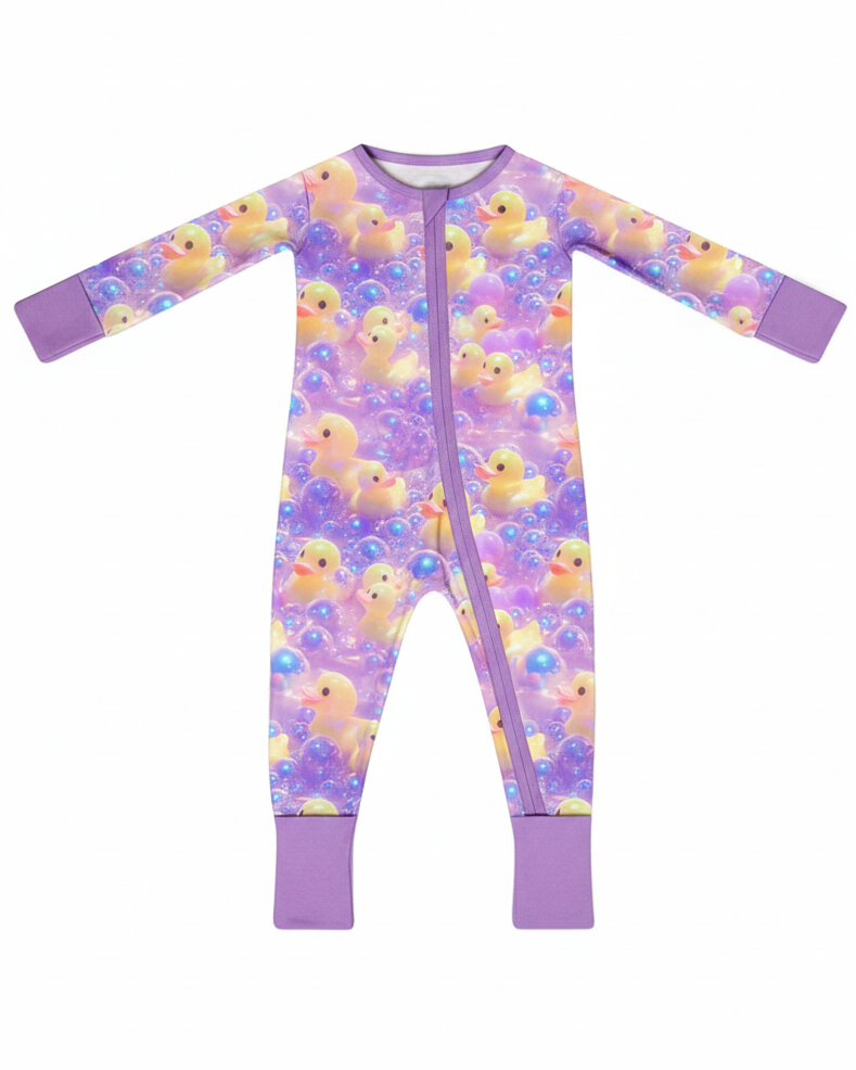 Baby's First Rave Zippered Convertible Romper with colorful duck pattern