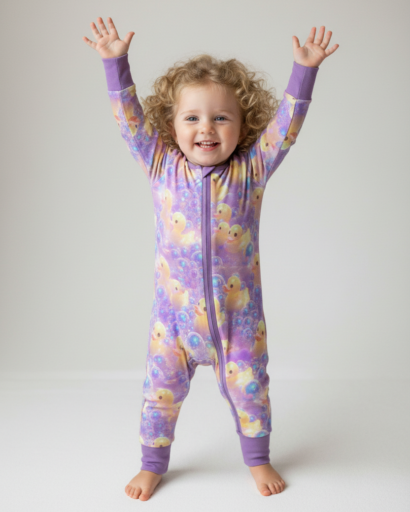 Child wearing Baby's First Rave Zippered Convertible Romper with colorful, psychedelic duck pattern for cozy and stylish look.