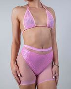 Pink rhinestone fishnet rave bodysuit two piece set with mesh details festival outfit front view