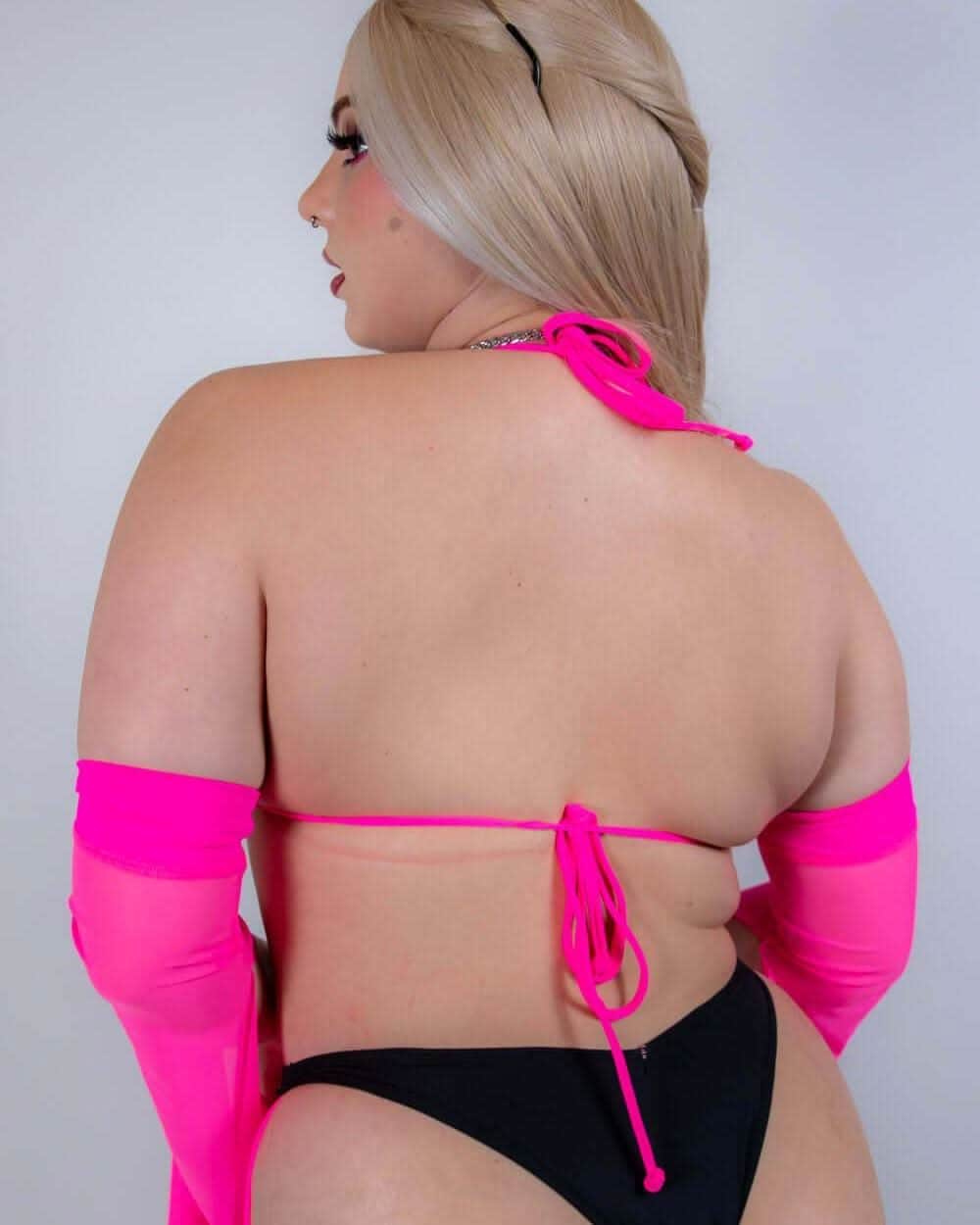 Back view of the Black and Hot Pink Strappy Bikini Top, displaying the adjustable strap details and secure fit.
