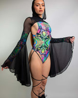 Black mesh hooded bell sleeves rave outfit showcasing vibrant colors and stylish design, perfect for music festivals.
