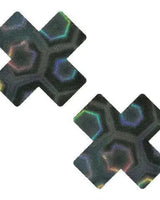 Black Nuclear Nightmare 3D holographic X nipple cover pasties for unique rave outfits and festival looks.