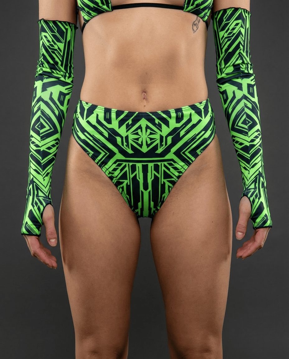 Alt Tag: Techtronix High Waisted Thong neon green and black circuitry print high-waisted rave thong bottom front view