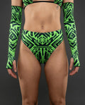 Alt Tag: Techtronix High Waisted Thong neon green and black circuitry print high-waisted rave thong bottom front view