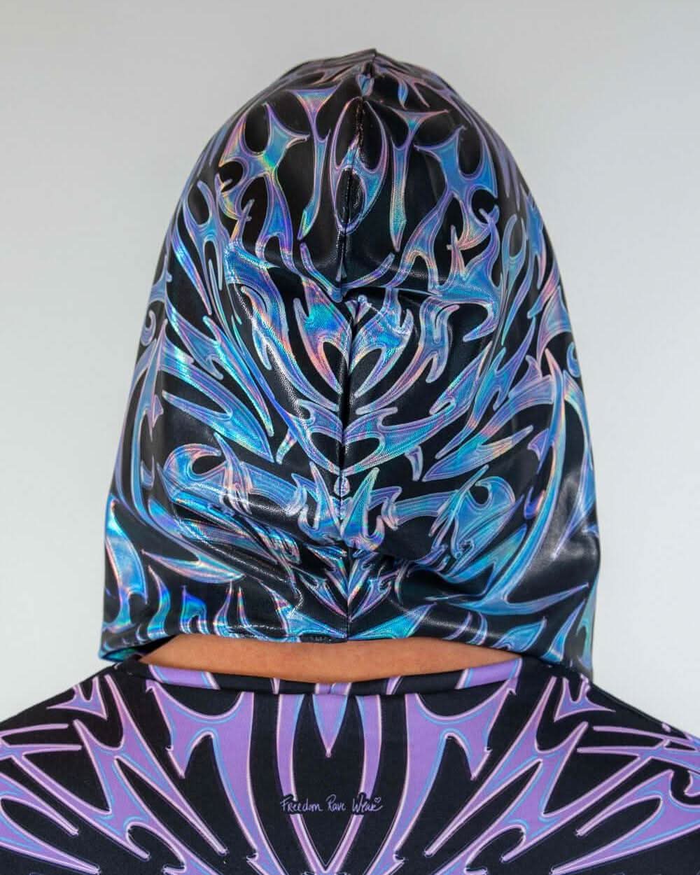 Back view of the Chromium Assassin Hood, showcasing its bold cyber sigalism pattern and relaxed hood fit.