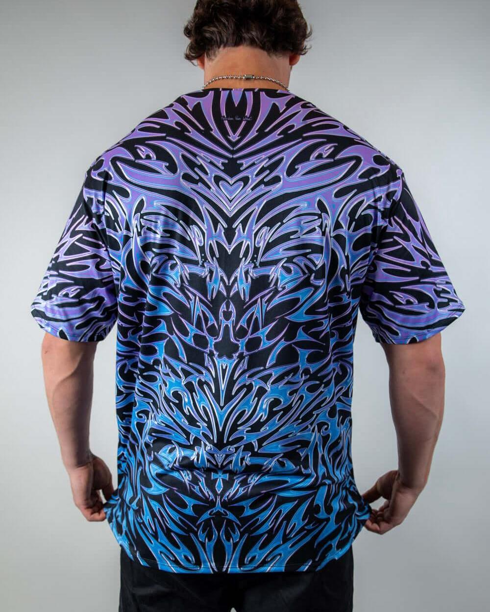 Back view of the Chromium Oversized Softee, displaying its oversized cut and detailed cyber sigalism pattern.