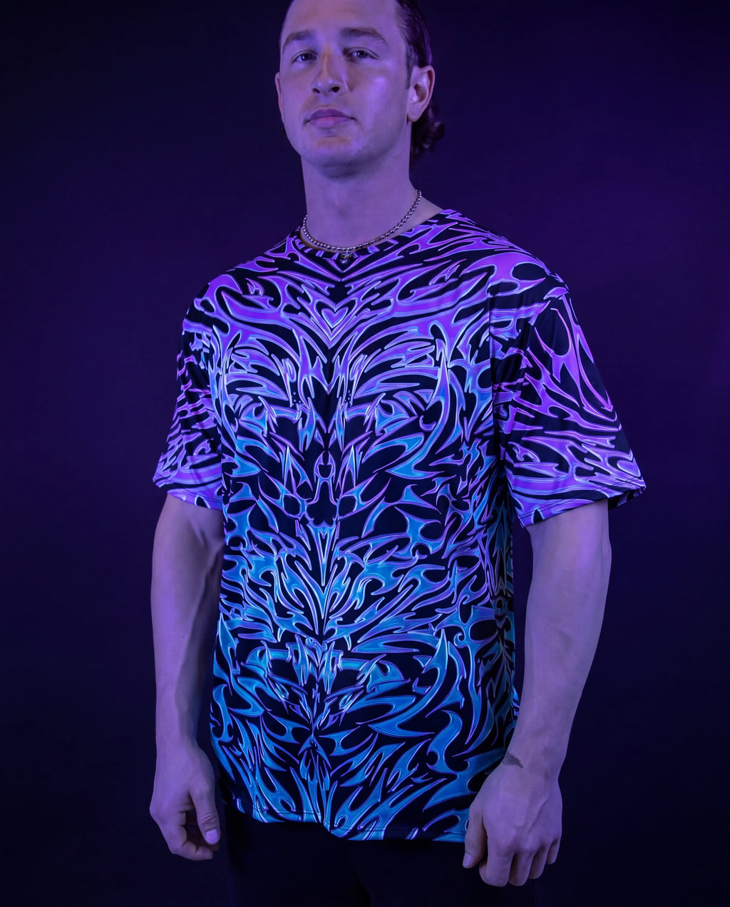 Rave bodysuit style Chromium oversized softee in blue purple gradient festival outfit front view — UV blacklight
