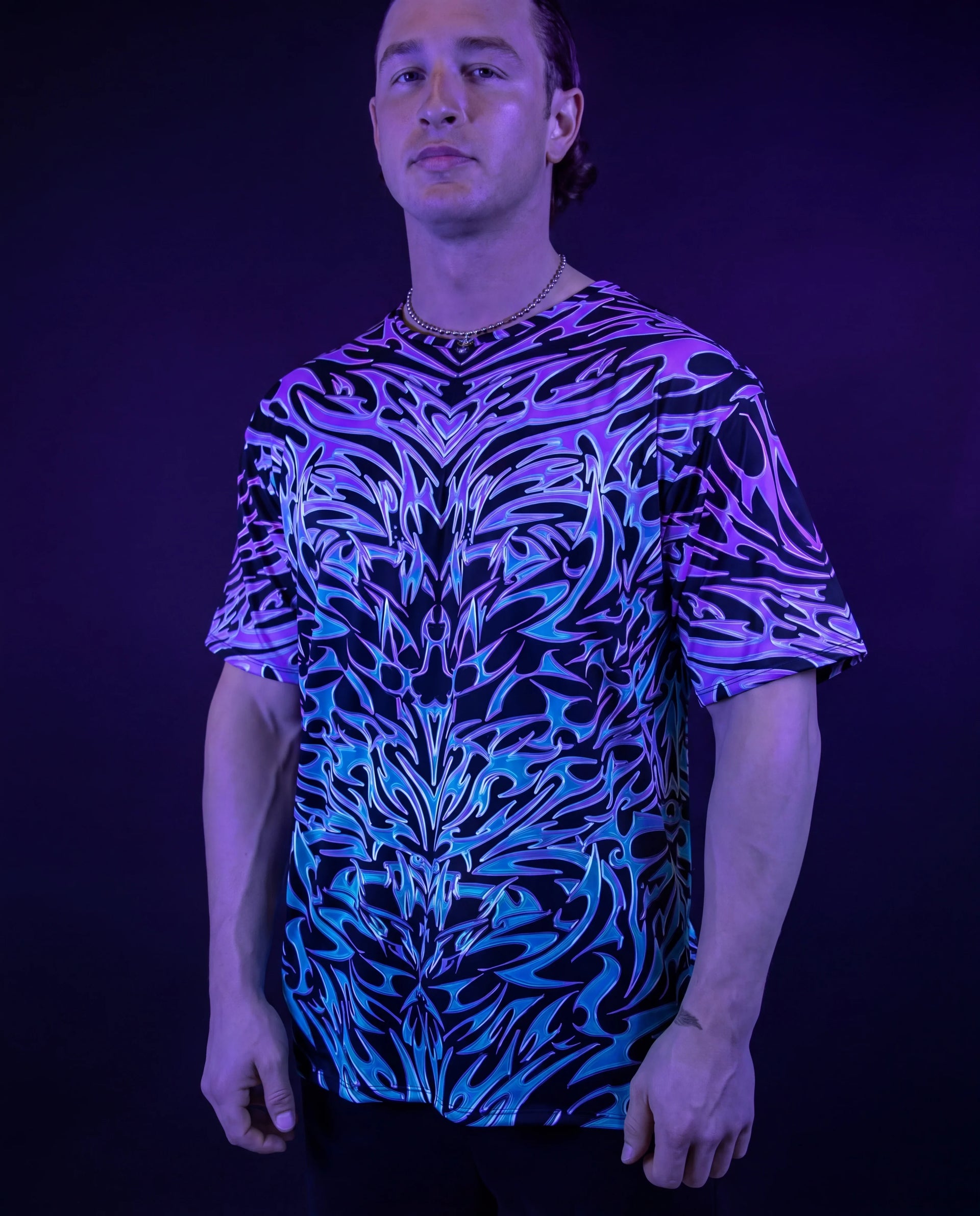 Rave bodysuit style Chromium oversized softee in blue purple gradient festival outfit front view — UV blacklight