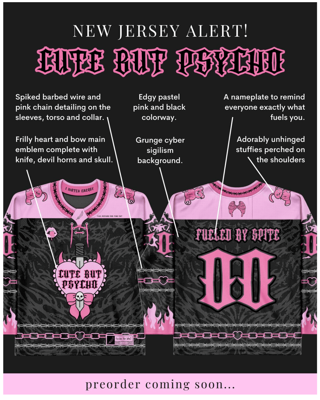 Flat lay of the Cute But Psycho Hockey Jersey with front and back details, highlighting bold pink graphics and limited edition messaging.
