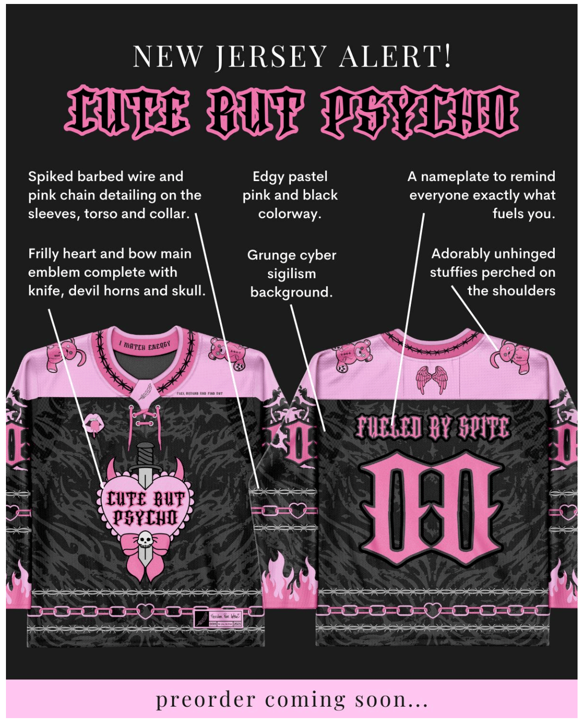 Flat lay of the Cute But Psycho Hockey Jersey with front and back details, highlighting bold pink graphics and limited edition messaging.