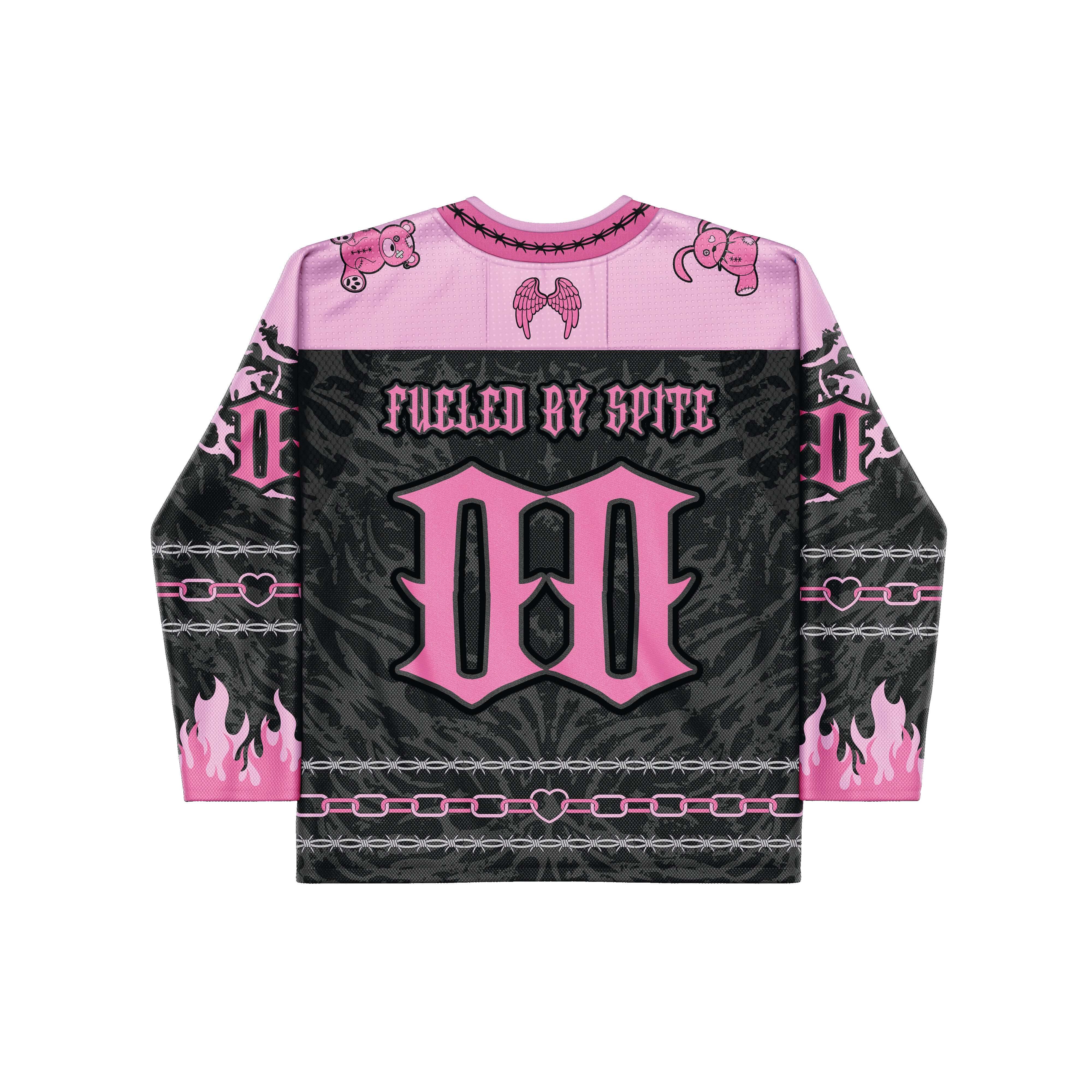 Back view of the Cute But Psycho Hockey Jersey showing the number 00 and “CUTE BUT PSYCHO” text in pink block lettering.