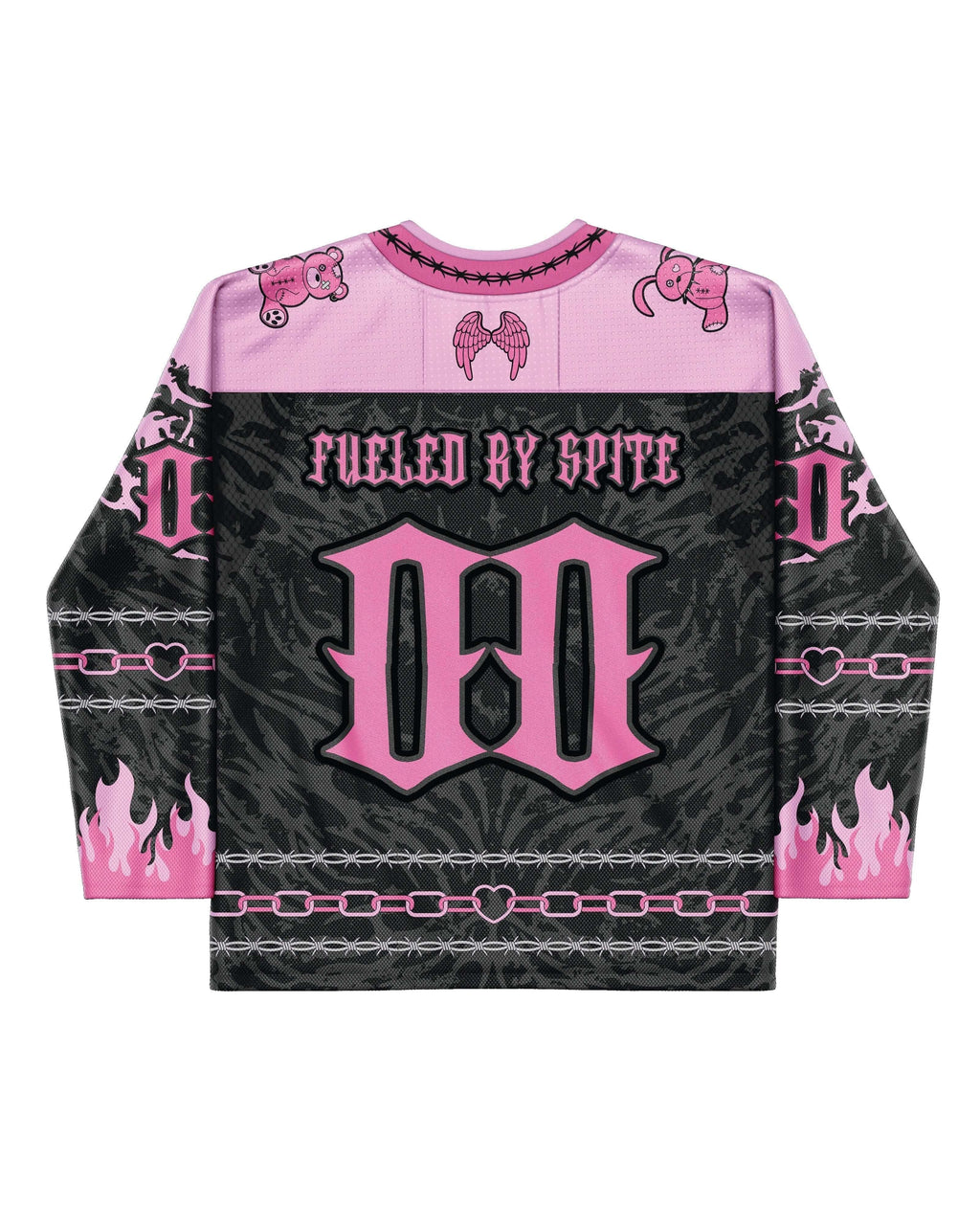 Back view of the Cute But Psycho Hockey Jersey showing the number 00 and “CUTE BUT PSYCHO” text in pink block lettering.