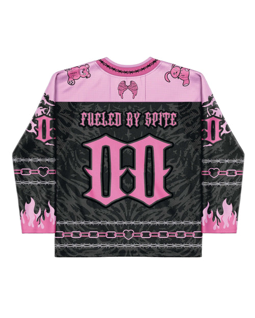 Back view of the Cute But Psycho Hockey Jersey showing the number 00 and “CUTE BUT PSYCHO” text in pink block lettering.