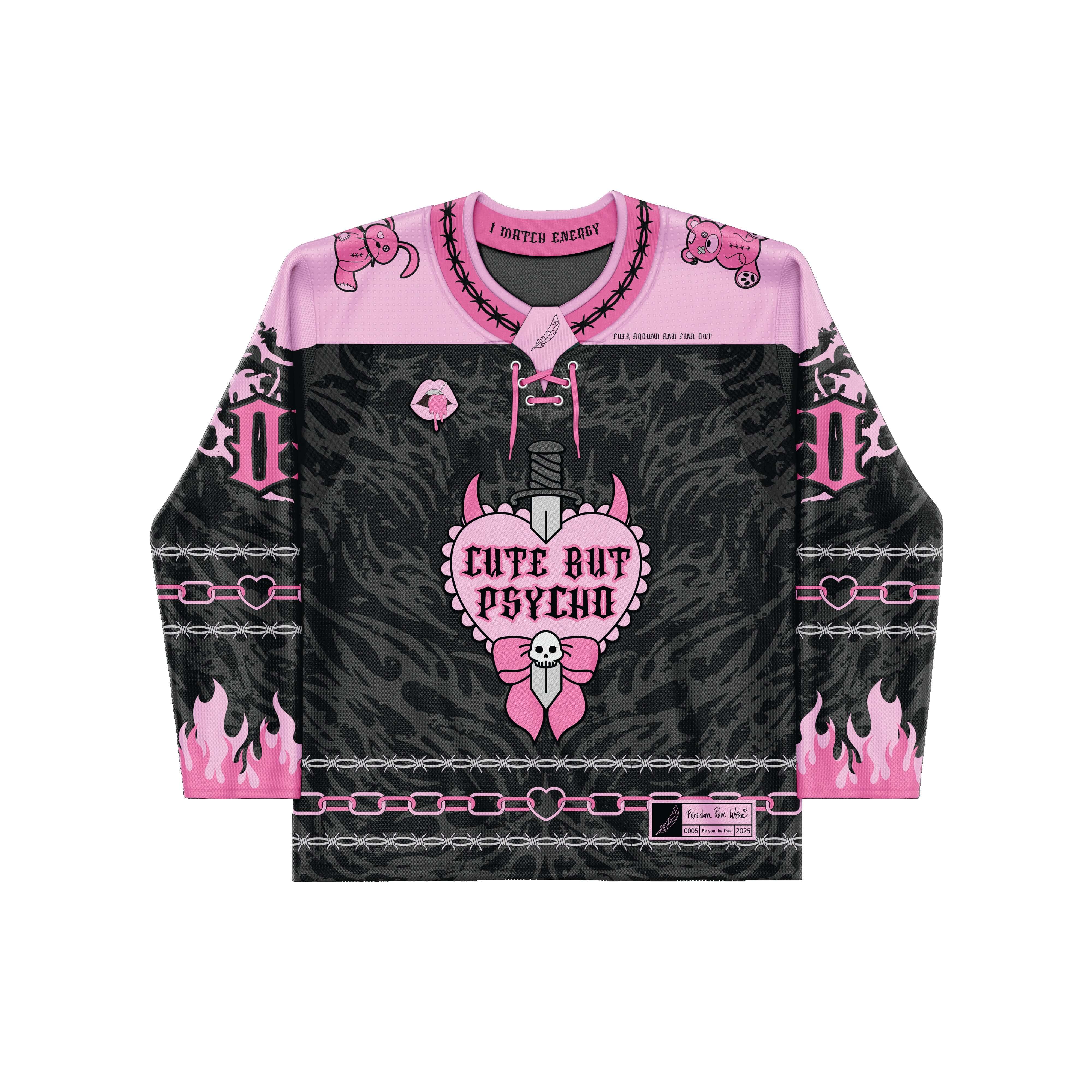Front view of the Cute But Psycho Hockey Jersey featuring a black and pink design with bold logo and varsity-style lettering.