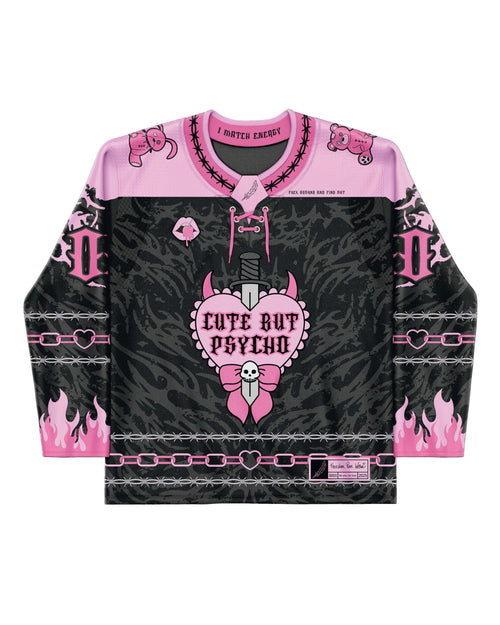 Front view of the Cute But Psycho Hockey Jersey featuring a black and pink design with bold logo and varsity-style lettering.