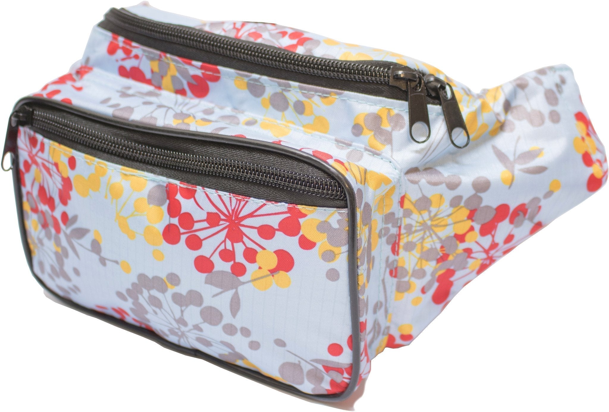 Colorful fanny pack (solids) with multiple zippered pockets for organized storage, ideal for rave outfits.
