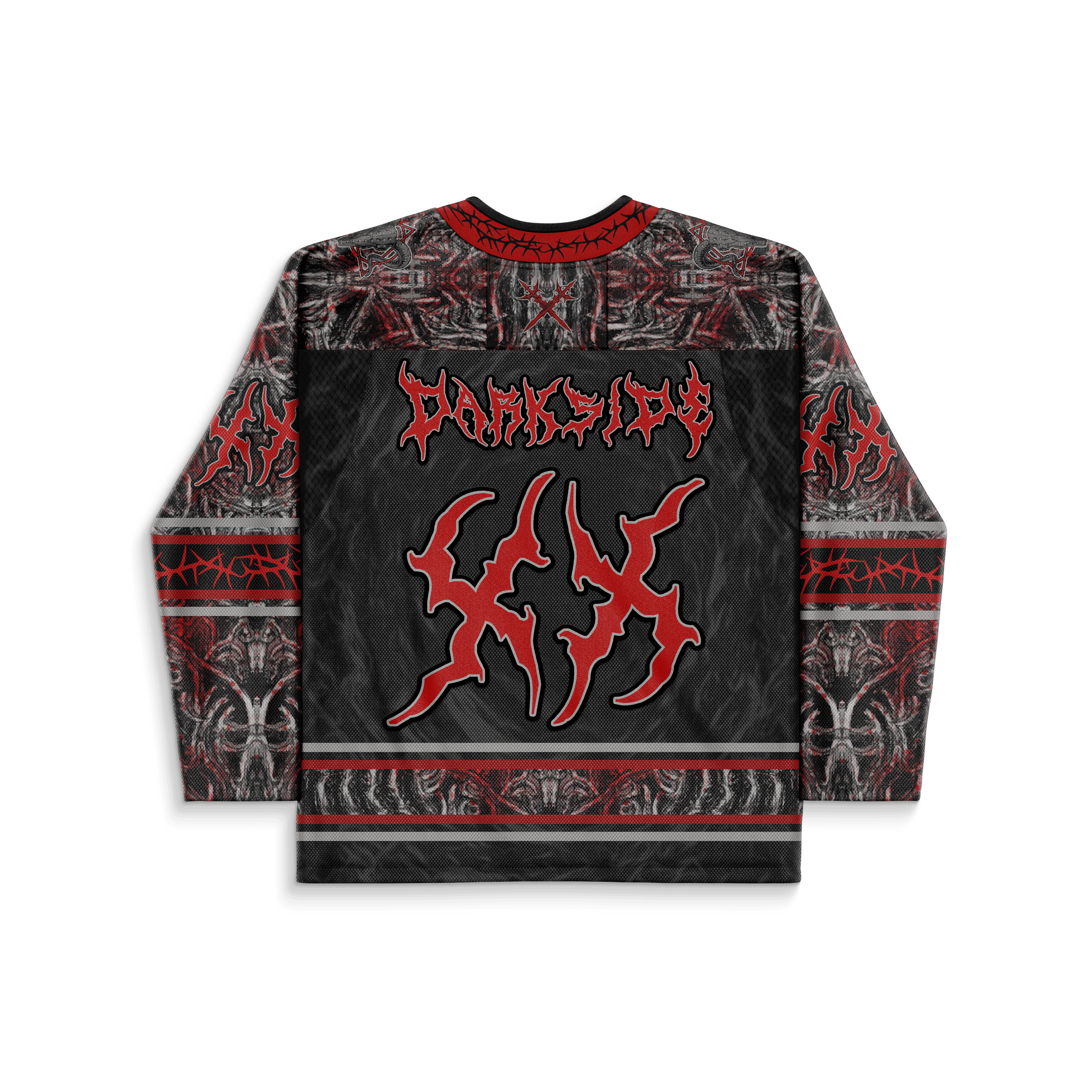 Alt Tag: Darkness Hockey Jersey back view black and red gothic hockey jersey with sigil sleeves and bold graphic lettering