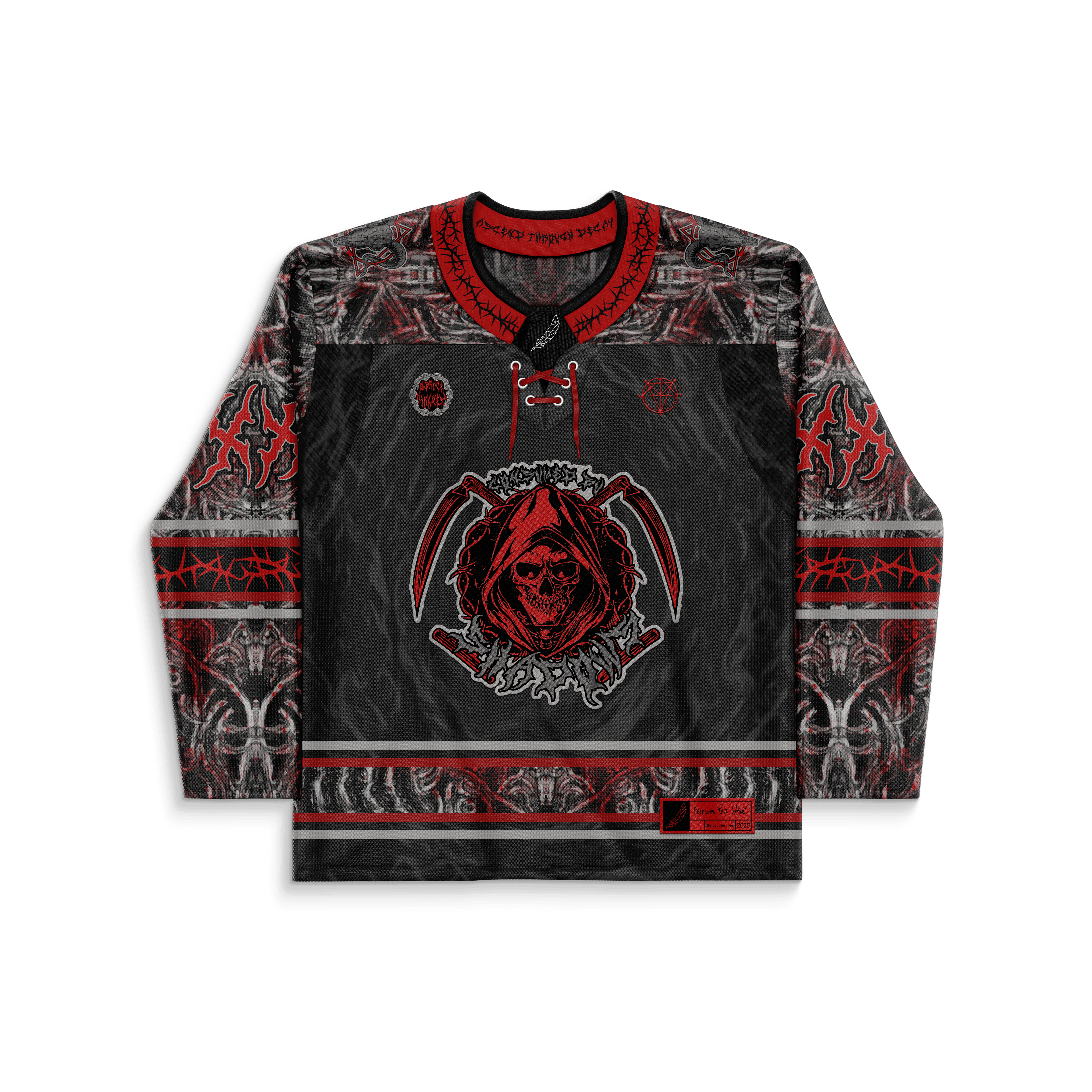 Darkness Hockey Jersey black and red reaper hockey jersey with sharp-toothed skull graphic, sigil sleeves and barbed-wire accents