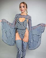 Model in distortion mesh bell sleeves and abstract bodysuit, perfect for rave outfits and festival fashion.