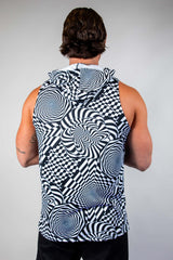 Back view of a man wearing a Distortion Tank Top with Hood, featuring a black and white abstract optical design, perfect for rave outfits.