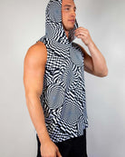 Model wearing a Distortion Tank Top with Hood featuring abstract optical patterns, perfect for rave outfits and stylish summer wear.
