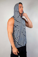 Model wearing a Distortion Tank Top with Hood featuring abstract optical patterns, perfect for rave outfits and stylish summer wear.