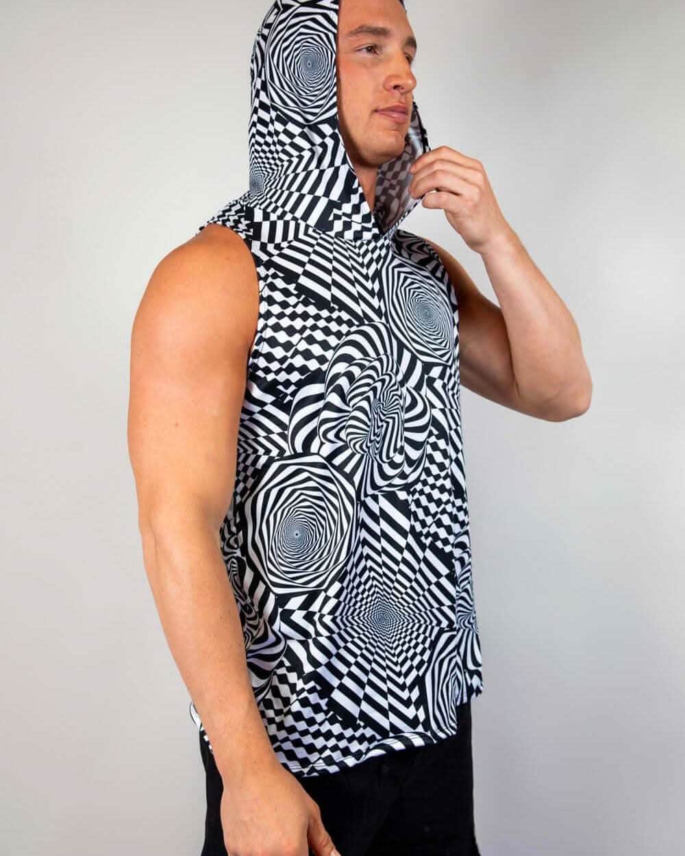 Male model wearing black white Distortion hooded rave bodysuit tank top festival outfit side view