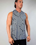 Model wearing Distortion Tank Top with Hood featuring abstract optical labyrinth design, perfect for rave clothing.