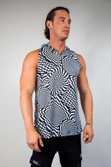 Model wearing Distortion Tank Top with Hood featuring abstract optical labyrinth design, perfect for rave clothing.