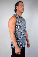 Man modeling a black and white Distortion Tank Top with Hood, showcasing an abstract optical design, ideal for rave outfits.