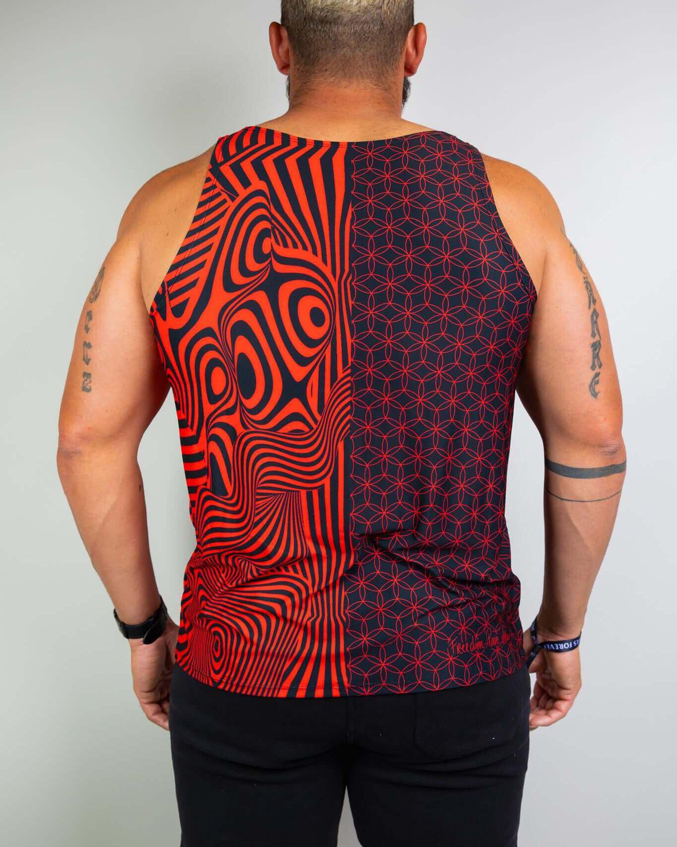 Back view of the Duality Unisex Tank Top in red and black graphics, perfect for rave outfits and festival adventures.