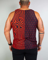 Back view of the Duality Unisex Tank Top in red and black graphics, perfect for rave outfits and festival adventures.