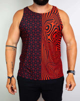 Duality Unisex Tank Top in red and black graphics, perfect for rave outfits and festival adventures.