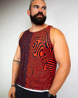 Man wearing a vibrant red and black Duality Unisex Tank Top, perfect for rave outfits and festival adventures.