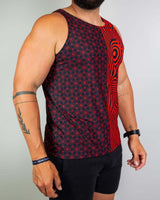 Duality Unisex Tank Top in red and black graphics, perfect for rave outfits and festival adventures.