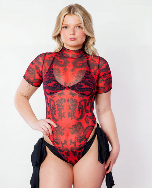 Dynasty Wavy Baby Bodysuit - Red - rave bodysuit - detail view - EDM clothing — white