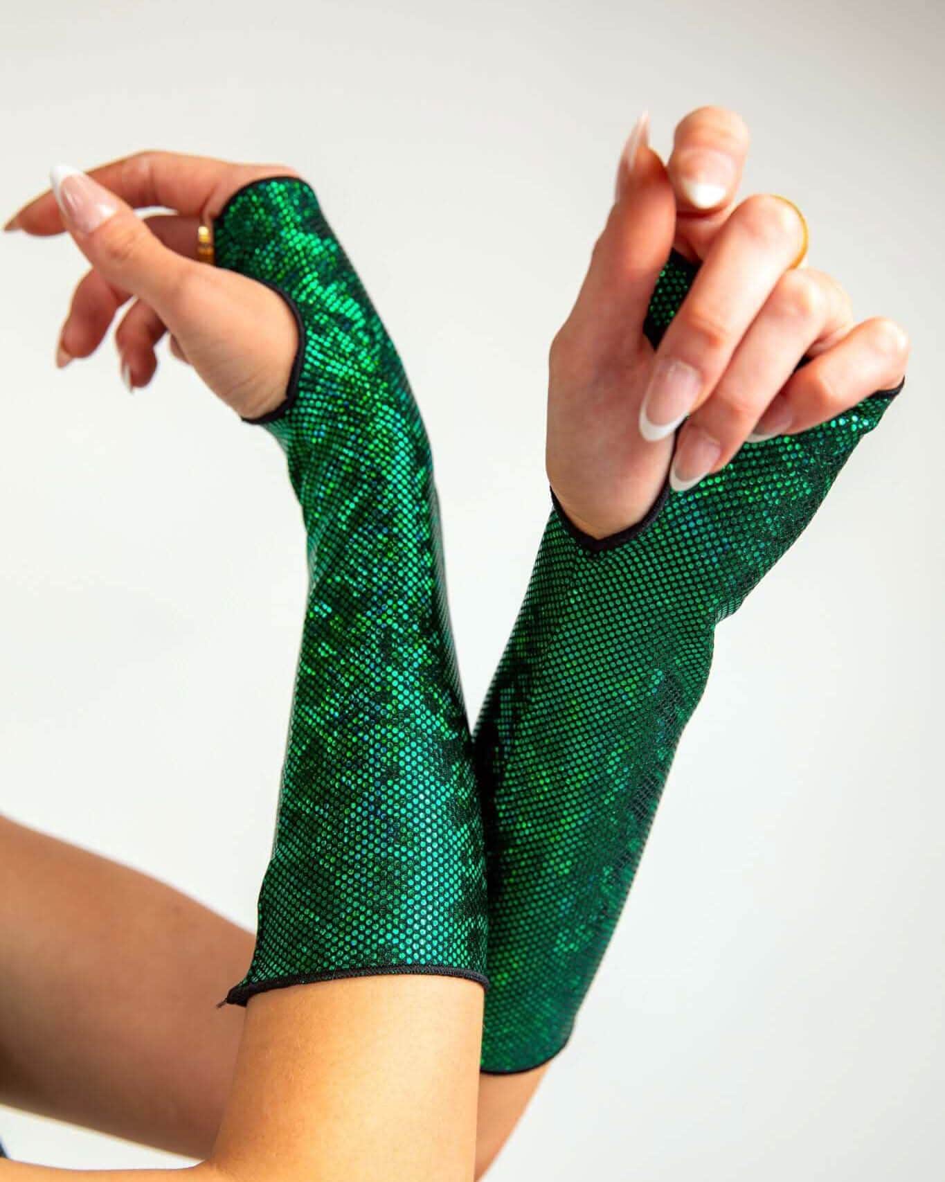 Emerald Holo Gloves showcased on hands, perfect for rave outfits and dance floor excitement. Soft, stretchy, and stylish design.