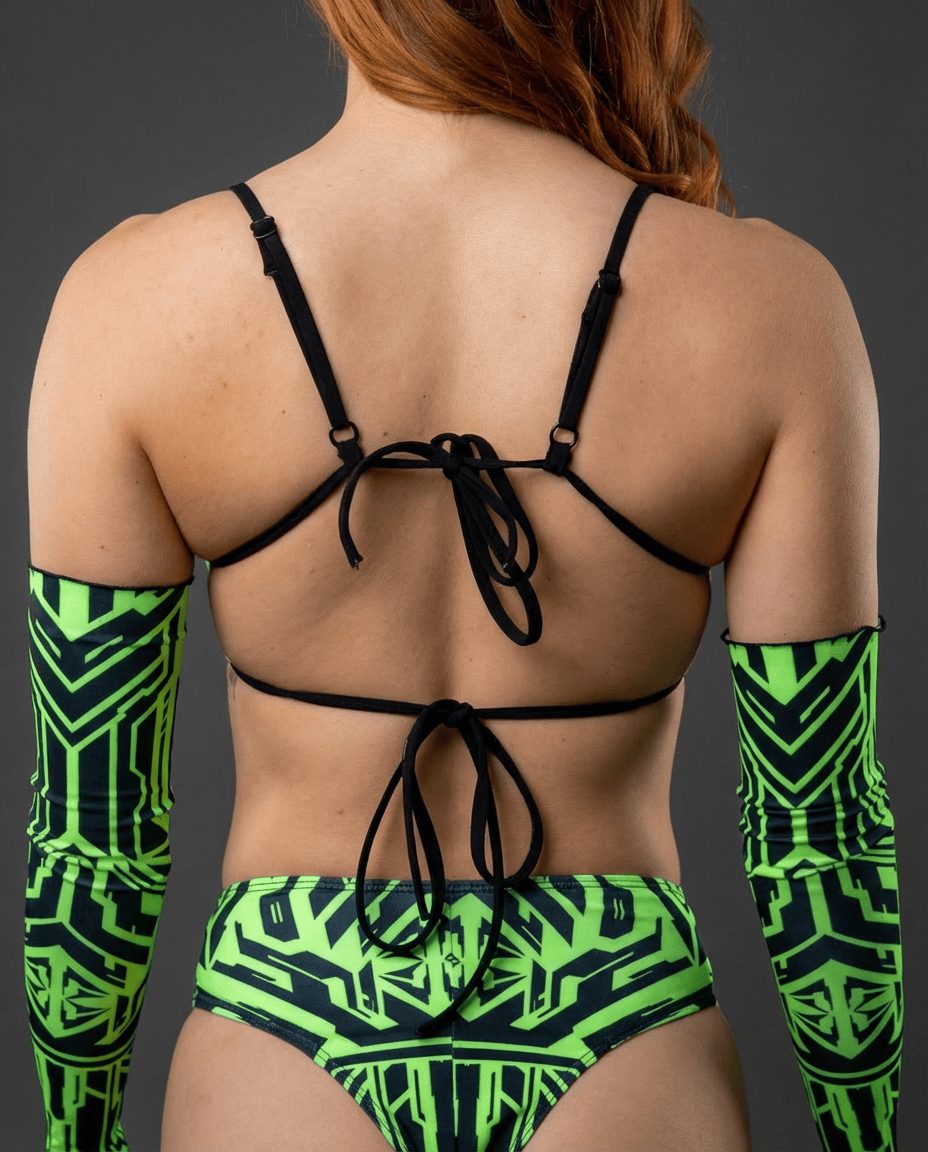 Alt Tag: Techtronix Wonder Top neon green and black circuitry print back view bikini crop top with tie straps and matching rave sleeves