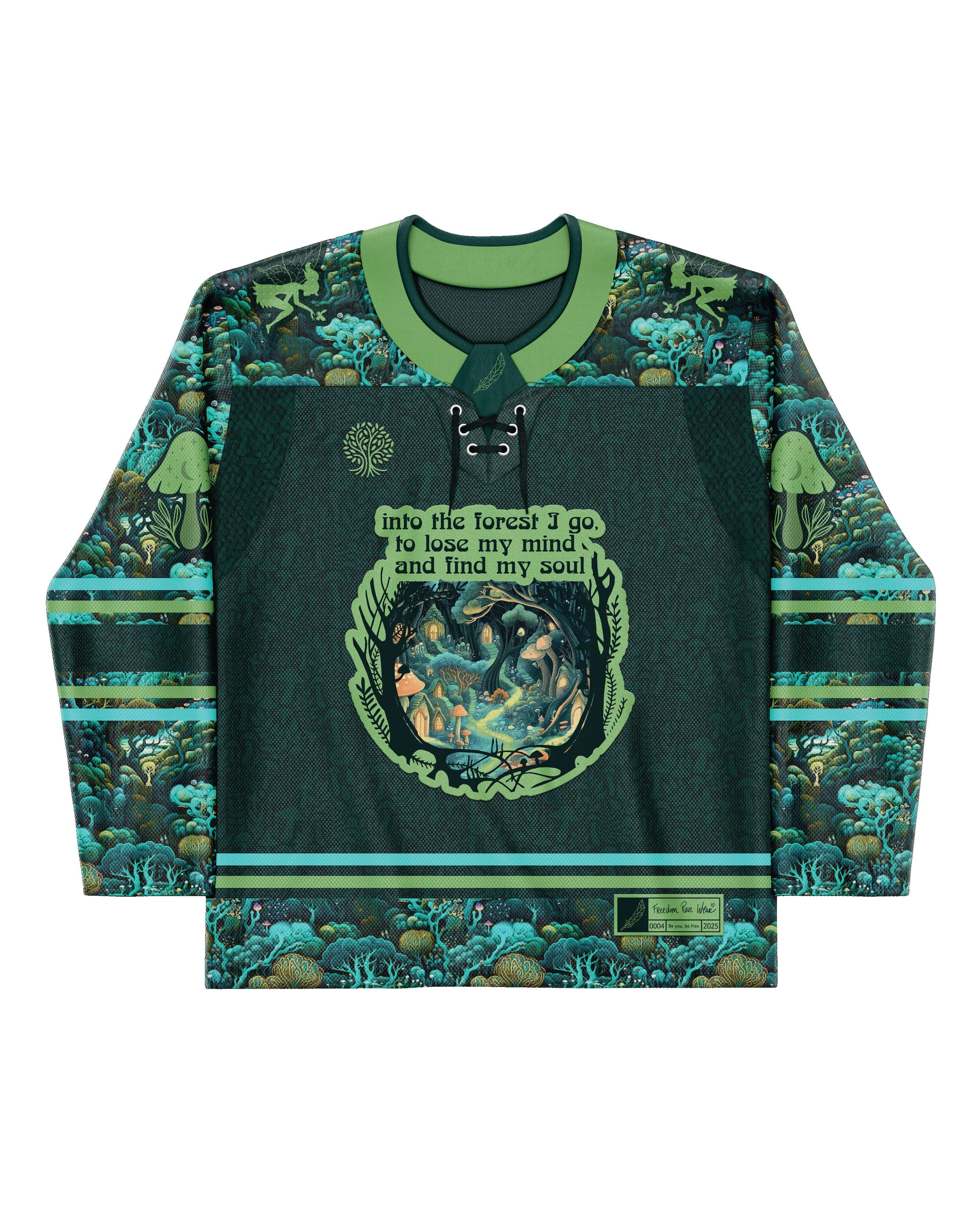 Faewood Hockey Jersey featuring mystical forest design, perfect for rave outfits and clothing enthusiasts.